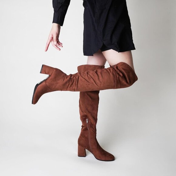 🆕J.Adams Brown Vegan Suede Over The Knee Trendy Low Block Heel Thigh High Boots - Picture 7 of 8